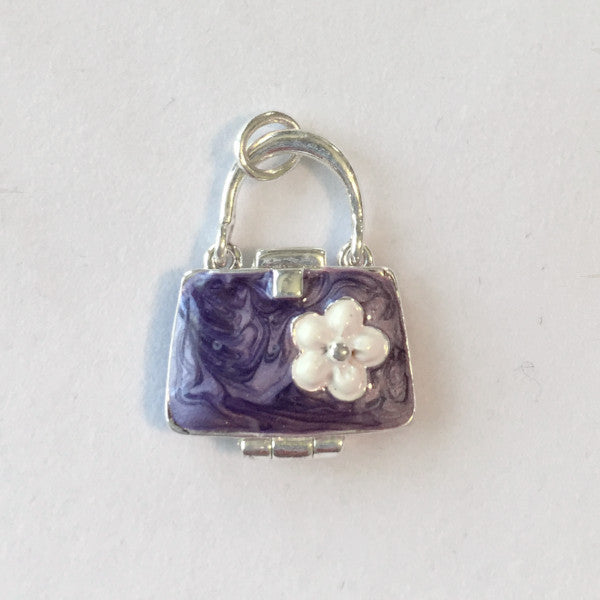 Purple enamel sterling purse charm with flower acccent